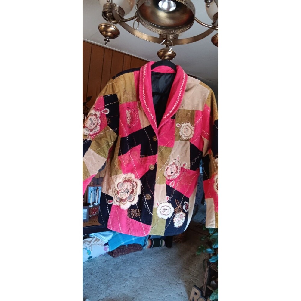 Boho Oranic Style Jacket Embroidery Patchwork Button Front Size XL